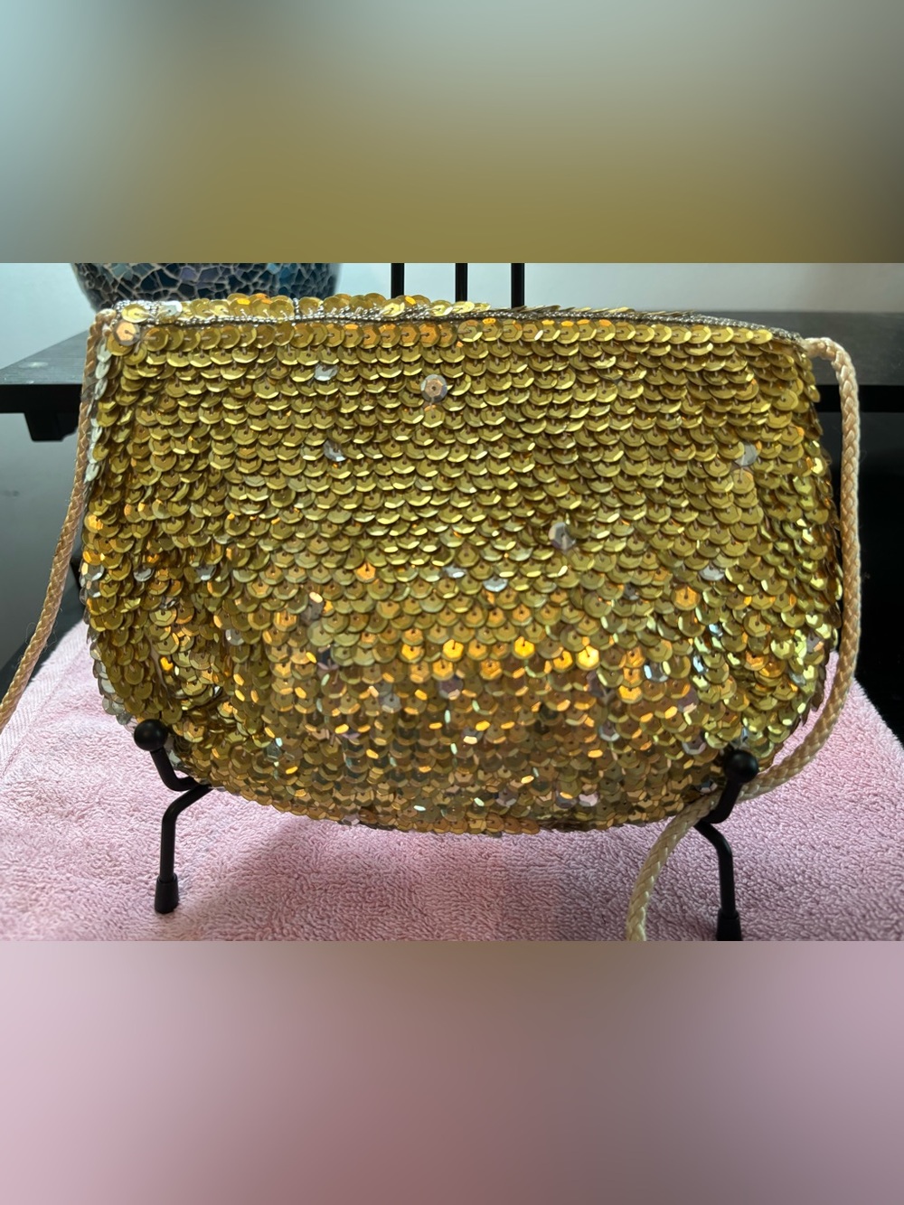 Vintage Art Deco Beaded Sequin Evening Bag Gold Silver Convertible Clutch - Picture 4 of 10
